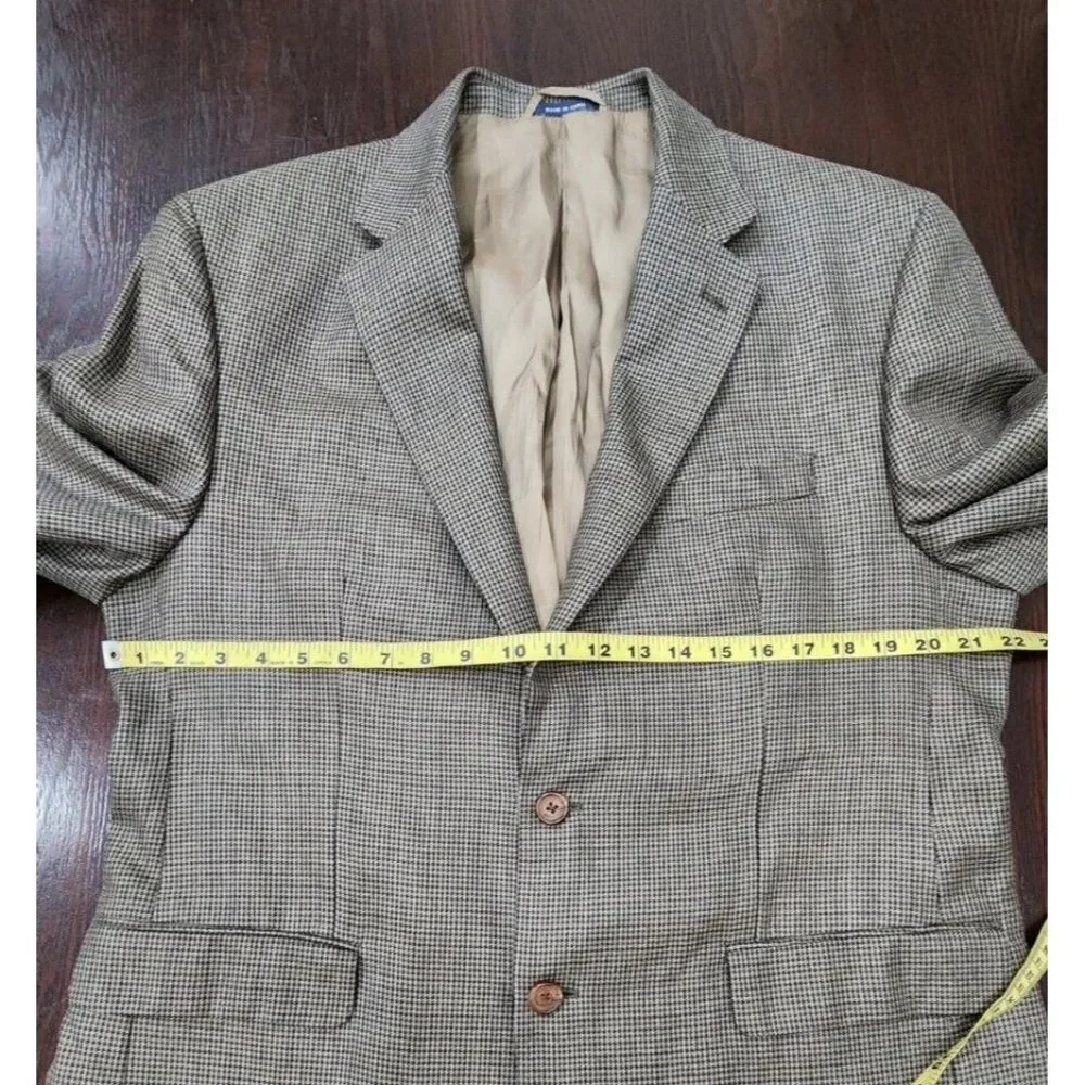 Ralph Lauren Mens Blazer Jacket Single Breasted 42R Houndstooth Brown Silk Blend